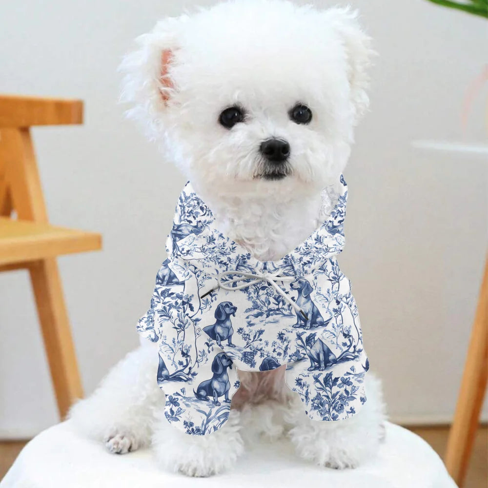 Dachshund French Toile de Jouy pet hoodie - Blue Toile pet hoodie for Doxie Mom, Sausage Dog Lover Gifts, pet hoodie
