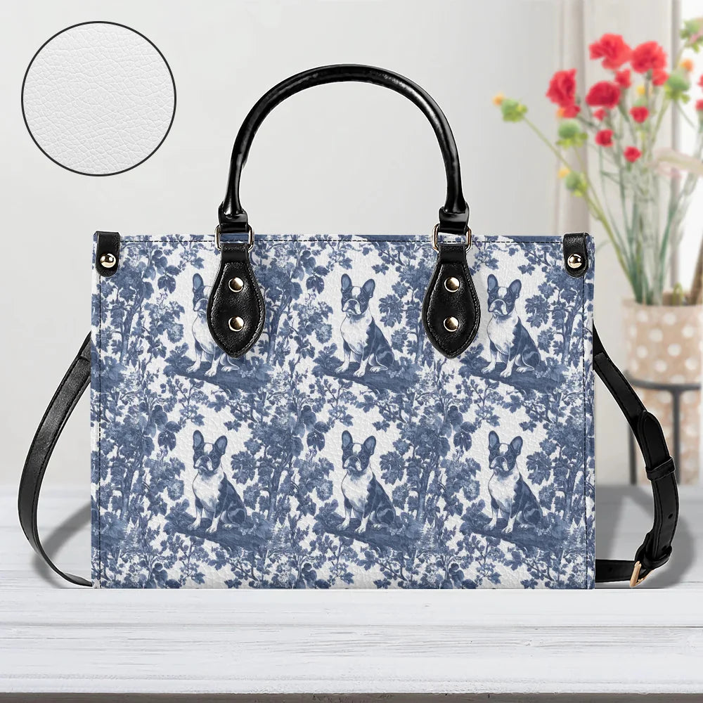 Boston terrier Blue French Toile De Jouy Leather Handbag, Boston terrier gift, Boston terrier Leather Handbag, Dog mom Leather Handbag, Boston Terrier Lover Gift