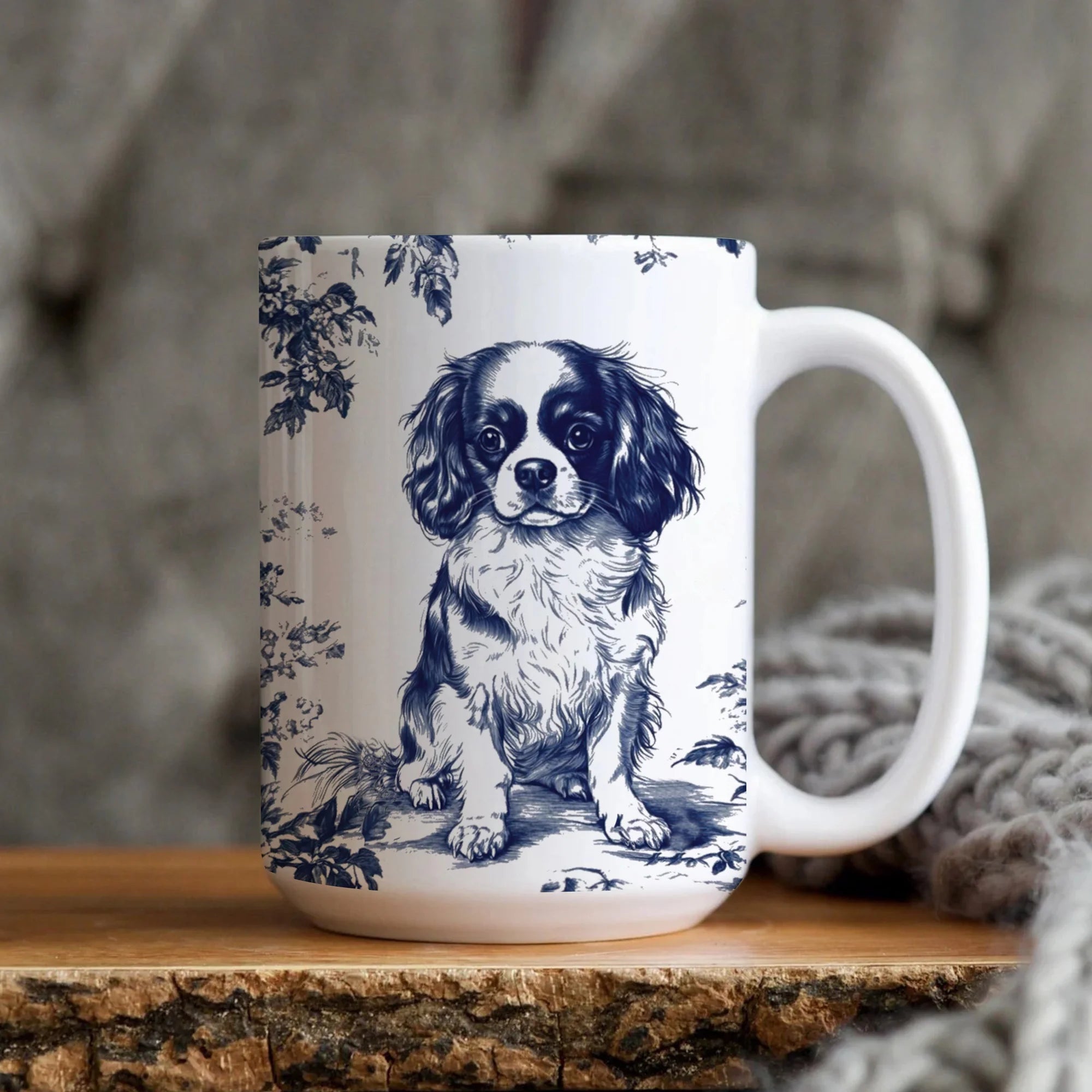 French Blue Toile Cavalier Dog Sketch Ceramic Mug - Large Coffee Cup Pet Lover Gift Kitchen Office Decor