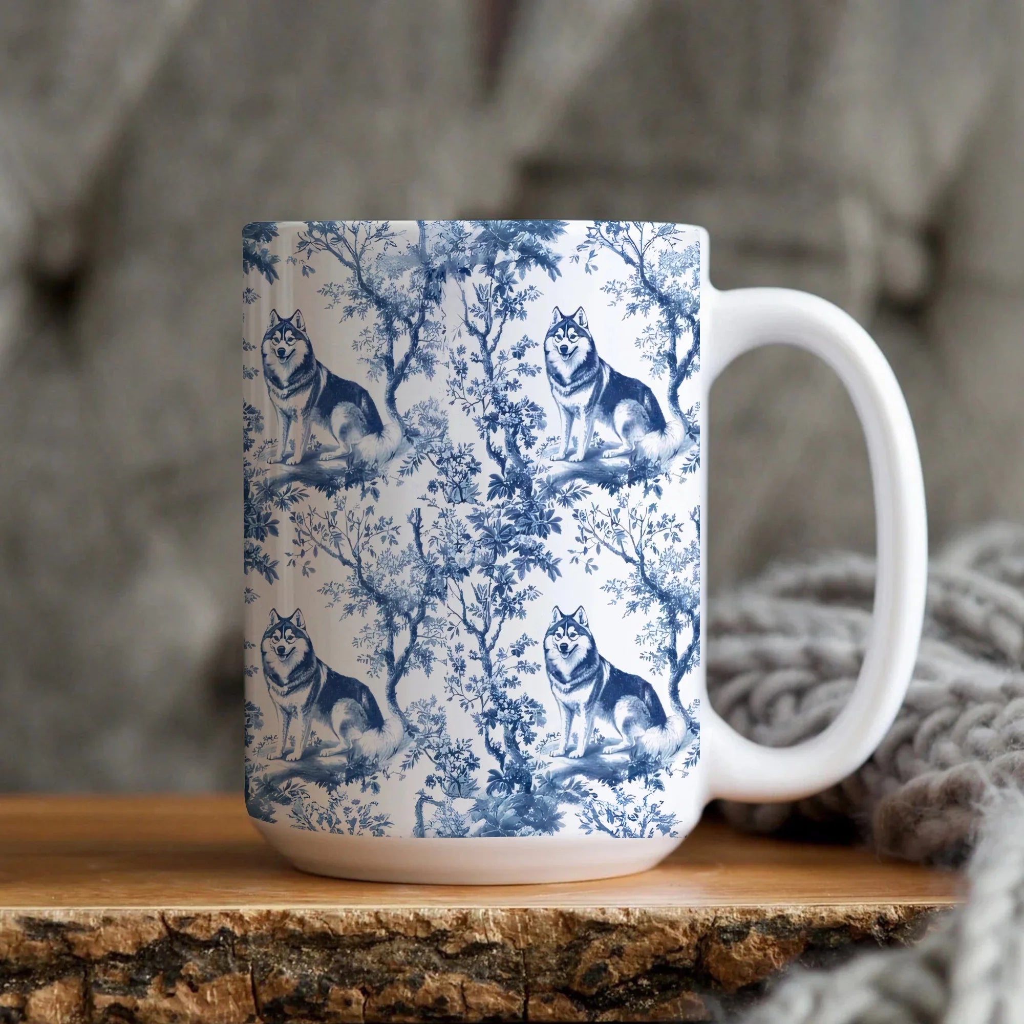Husky French Blue Toile De Jouy Mug, Siberian Husky, Husky, Siberian Husky Mugs, Siberian Husky Lover, Husky dog mom, Husky Mug