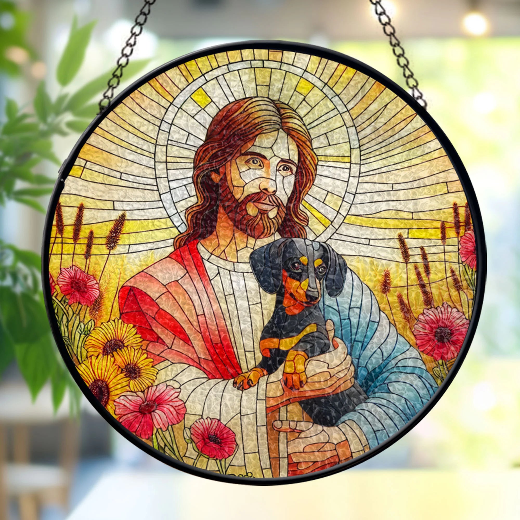 Jesus Christ Hugging Dachshund Dog Stained GLASS Suncatcher, Jesus Christ Art, Dachshund Window stained glass, Dog Mom gift, Memorial Dog Gift