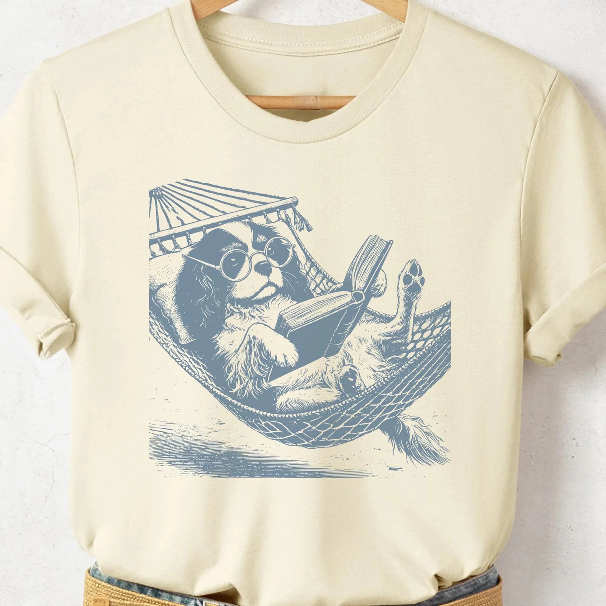 Cavalier King Charles Spaniel, Vintage Dog T-Shirt, Funny Dog Shirt, Dog Mom Shirt, Reading Dog TShirt, Summer Hammock, Cavalier Gift