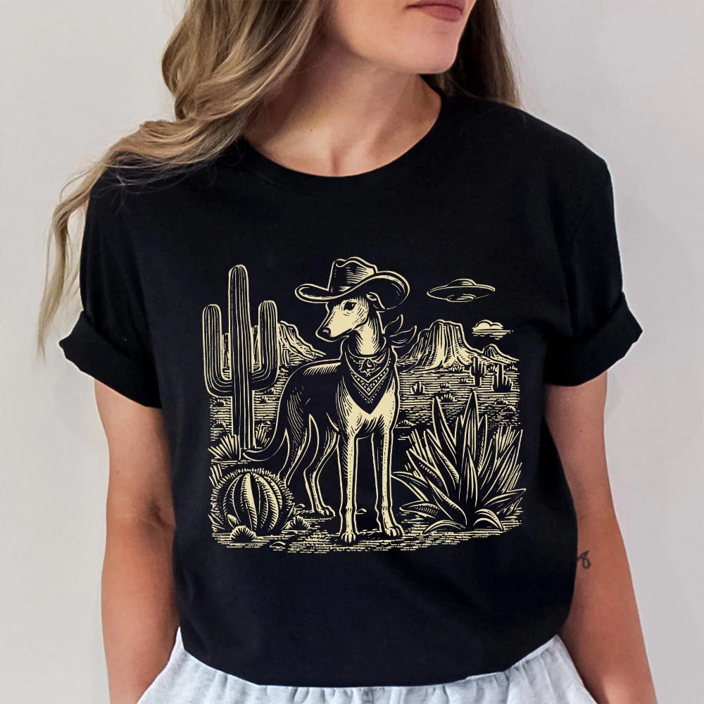 Greyhound UFO Western Hoodie, Retro Western Sweatshirt, Cowboy Whippet Sweater, Wild West Dog Tee, Dogfulness Shirting, Alien and Cowboy Tee