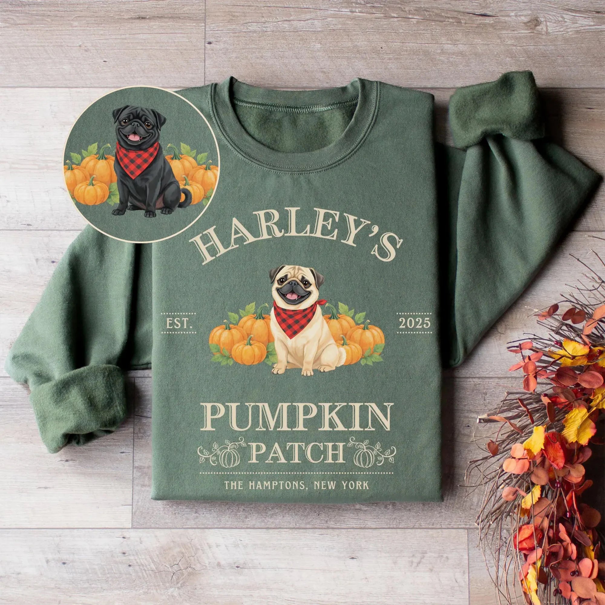 Pug Sweatshirt Halloween Dogs Shirt Personalized Pug Sweater Pumpkin Farm Dog Crewneck Thanksgiving Gift for Pug Mom Shirts Pugs Lovers
