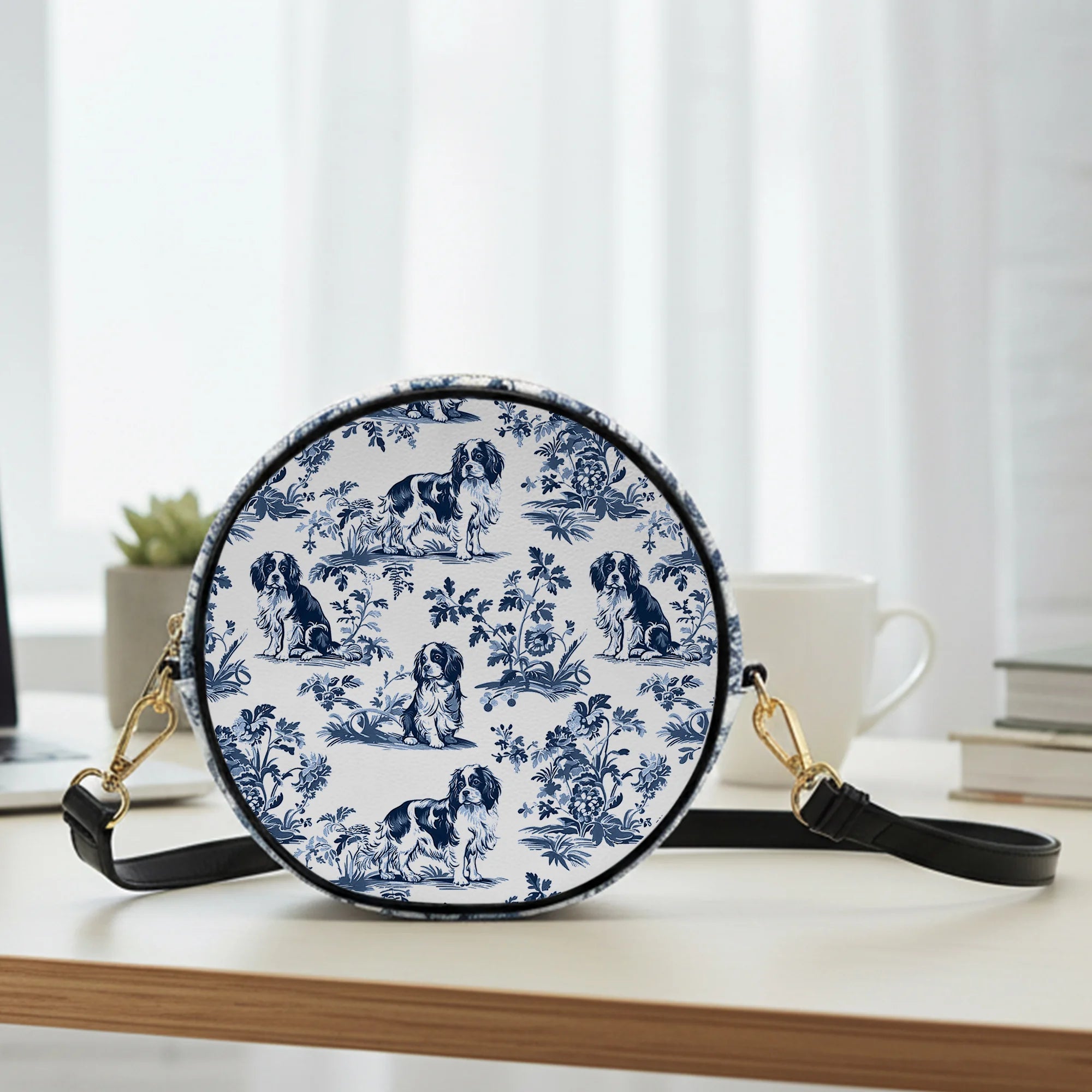 Cavalier King Charles Spaniel French Toile de Jouy Crossbody Bag - Blue Toile Purse for Cavalier Mom, Cavalier Lover Gifts, Dog Lover Handbag