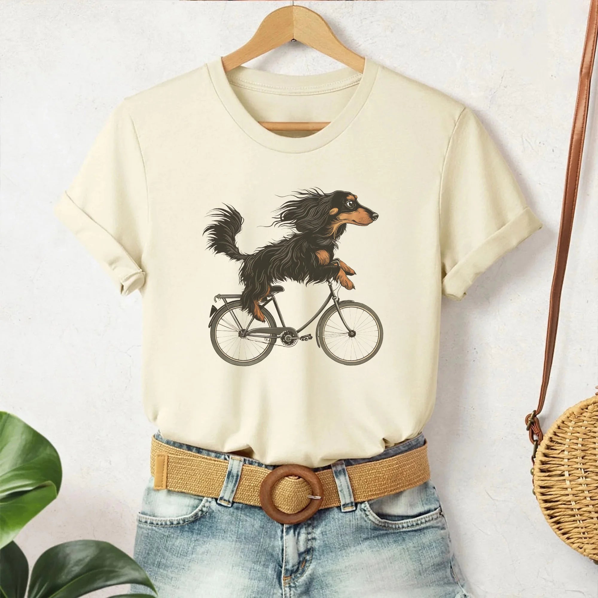 Long Haired Dachshund Cycling T-Shirt - for Doxie Lovers and Bike Enthusiasts