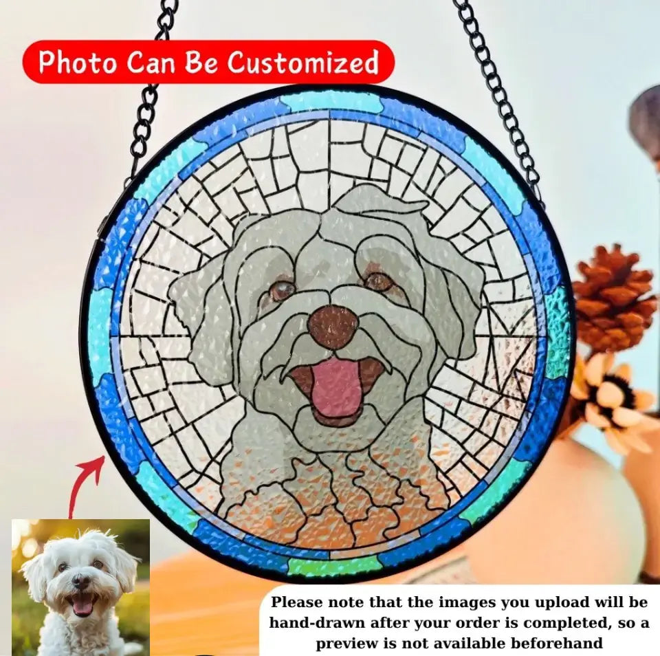 Stained Glass Custom Dog Portrait, Dog Suncatcher, Personalized Window Hanging Stained Glass - WSG01