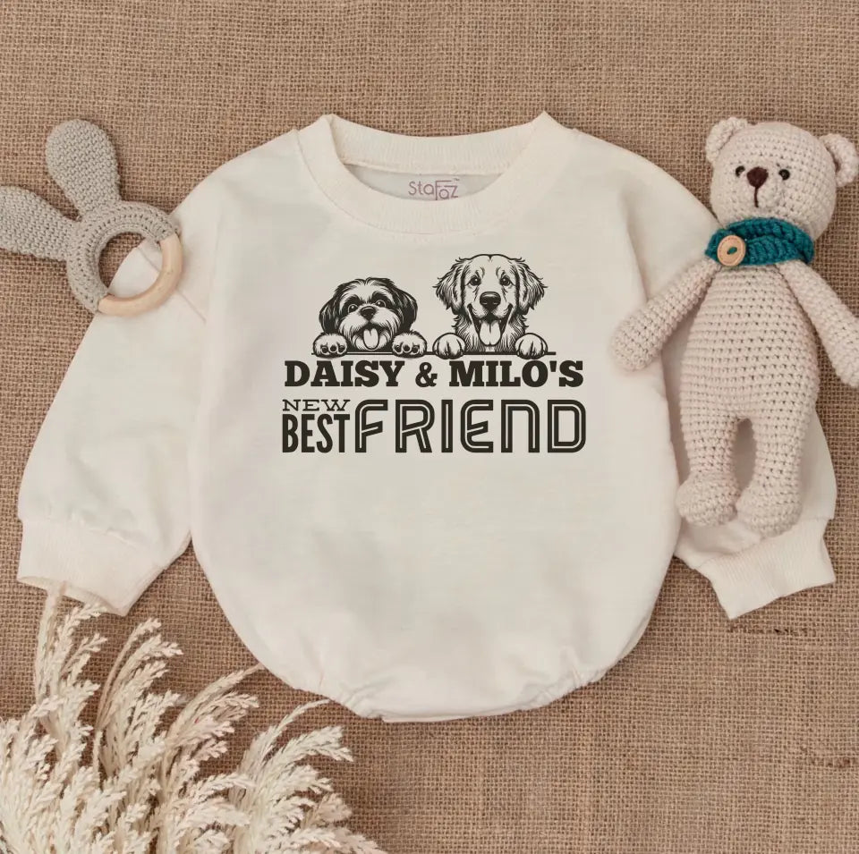 New Best Friend Bubble Romper, Custom Baby Bodysuit, Baby Shower Gift, Cute Kid Gift, Personalized Dog Name Dog Lover Gift BR1724899508