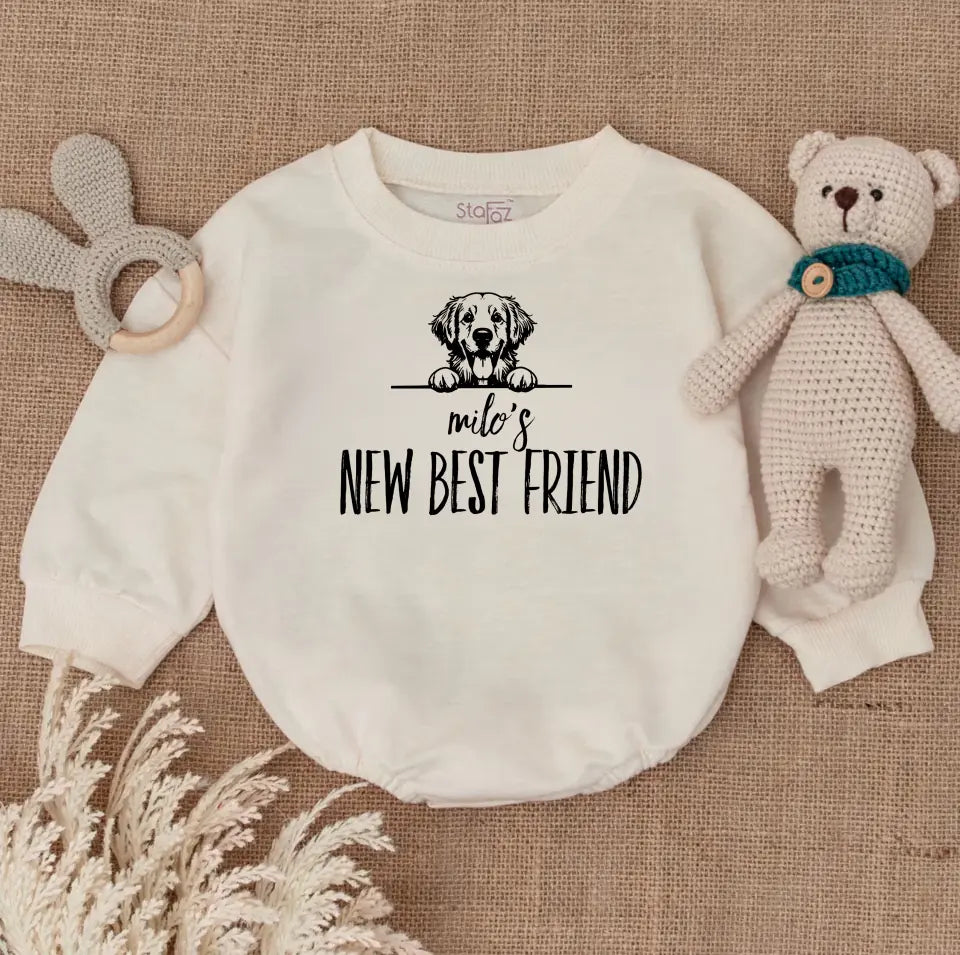 New Best Friend Bubble Romper, Custom Baby Bodysuit, Baby Shower Gift, Cute Kid Gift, Personalized Dog Name Dog Lover Gift BR2525