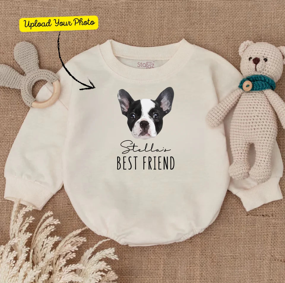 Custom Baby Bodysuit with Pet Portrait, Newborn Announcement, Dog-Themed Baby Shower Gift, My New Best Friend Sibling Bodysuit BR2524U