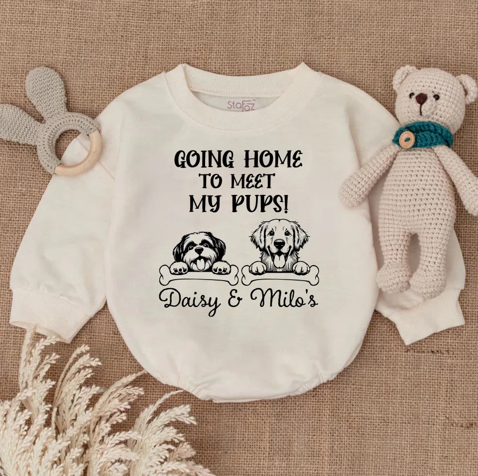 Going Home To Meet My Pups Baby bodysuit, Dog Baby Bubble Romper, Personalized, Coming Home Romper, Baby Shower Gift, Dog Baby Gift, Newborn Romper BR0972