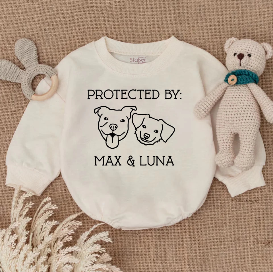 Protected By Dog Baby bodysuit, Personalized Dog Name Bubble Romper, Dog Name Romper, Baby Shower Gift, Newborn Baby Gift BR254175