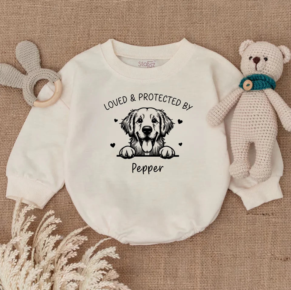 Personalised Protected By Dogs Babygrow, Protected By Dog Baby Bubble Romper, New Baby Gift, Dog Owner Baby Gift, Baby Romper Protected By Dog BR0472