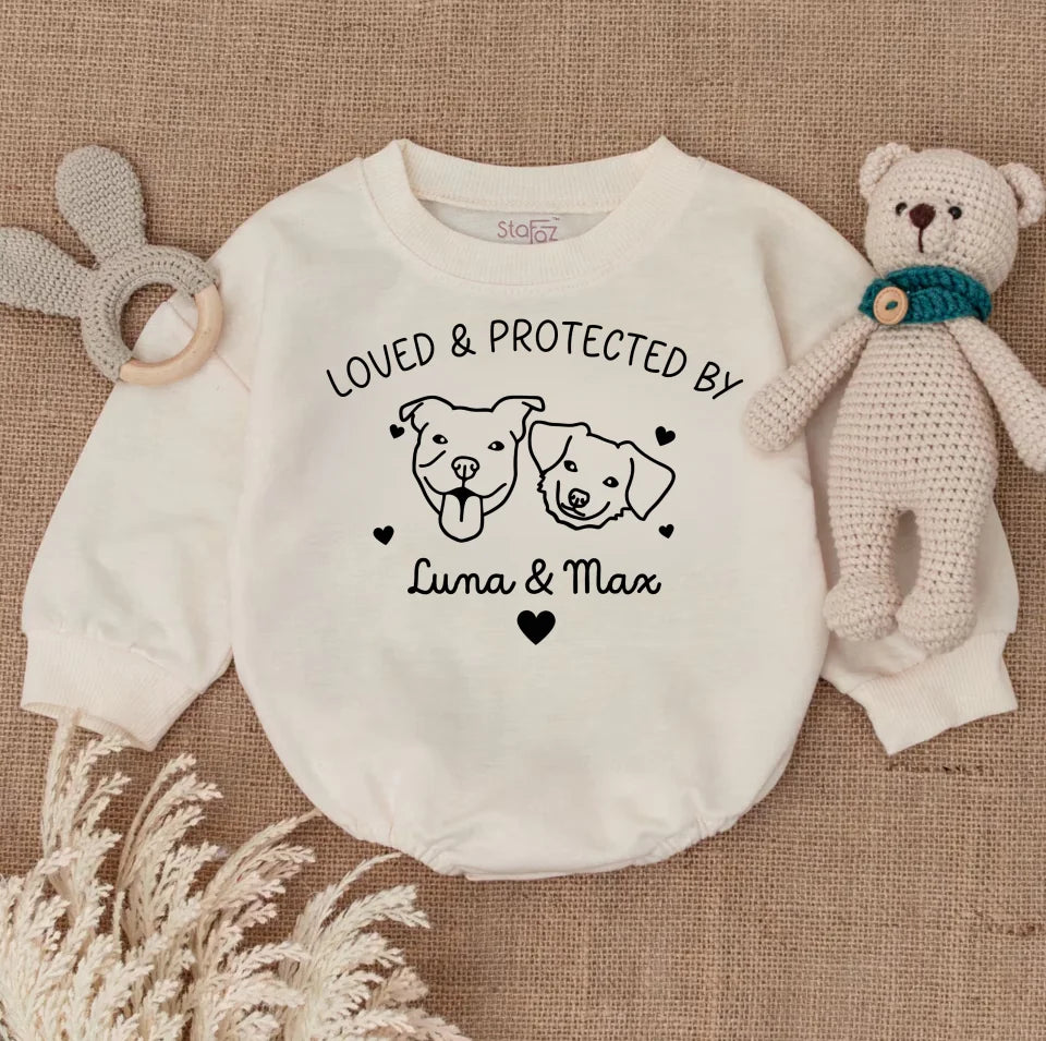 Personalised Protected By Dogs Baby Bodysuit, Protected By Dog Baby Bubble Romper, New Baby Romper, Dog Owner Baby Gift, Baby Romper Protected By Dog BR0475