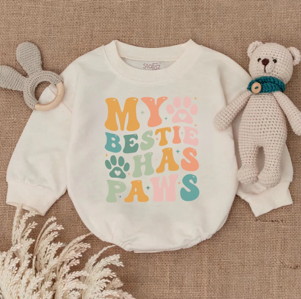 My Bestie Has Paws Baby Bodysuit, Pet Lover Baby Romper, Retro Pet Bestie Romper, Dog Bestie Baby Romper, Best Friend Has Paws Gift BR83