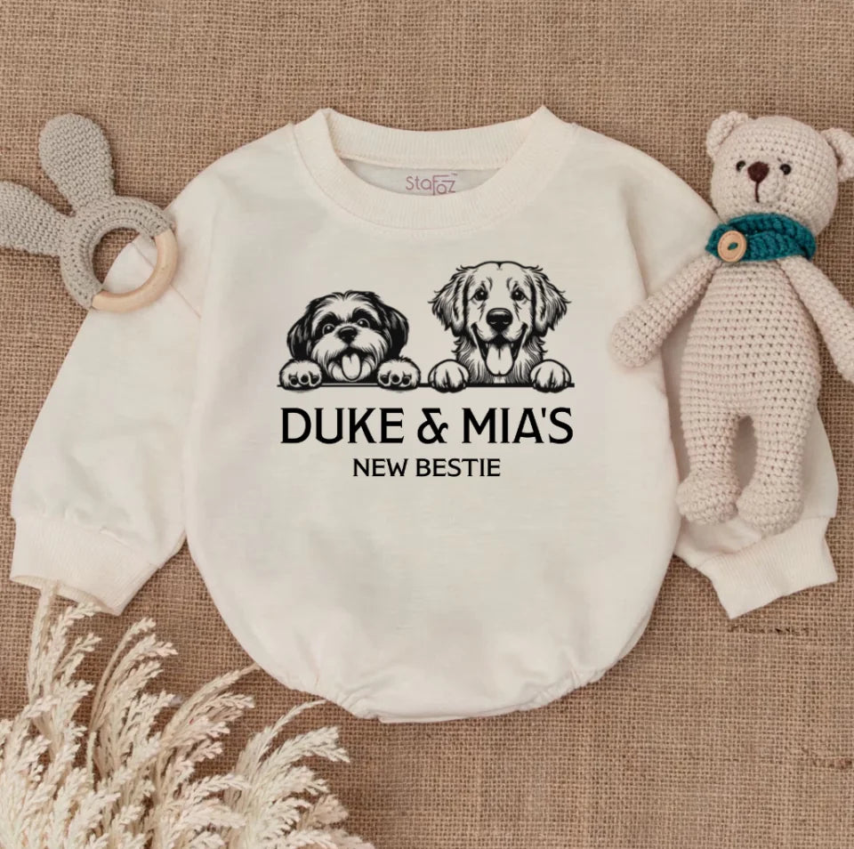 New Bestie Bodysuits, Personalized Dog Name Baby Romper, Protected By Dog Romper, Dog Name Baby Romper BR0372