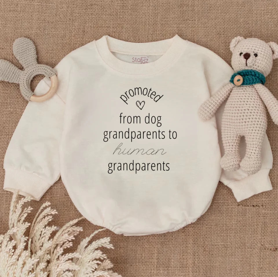 Promoted from Dog Grandparents to Human Grandparents Baby Bodysuit, Brand Grandparents Announcement Baby Reveal Pregnancy Announcement Surprise Baby Romper BR77