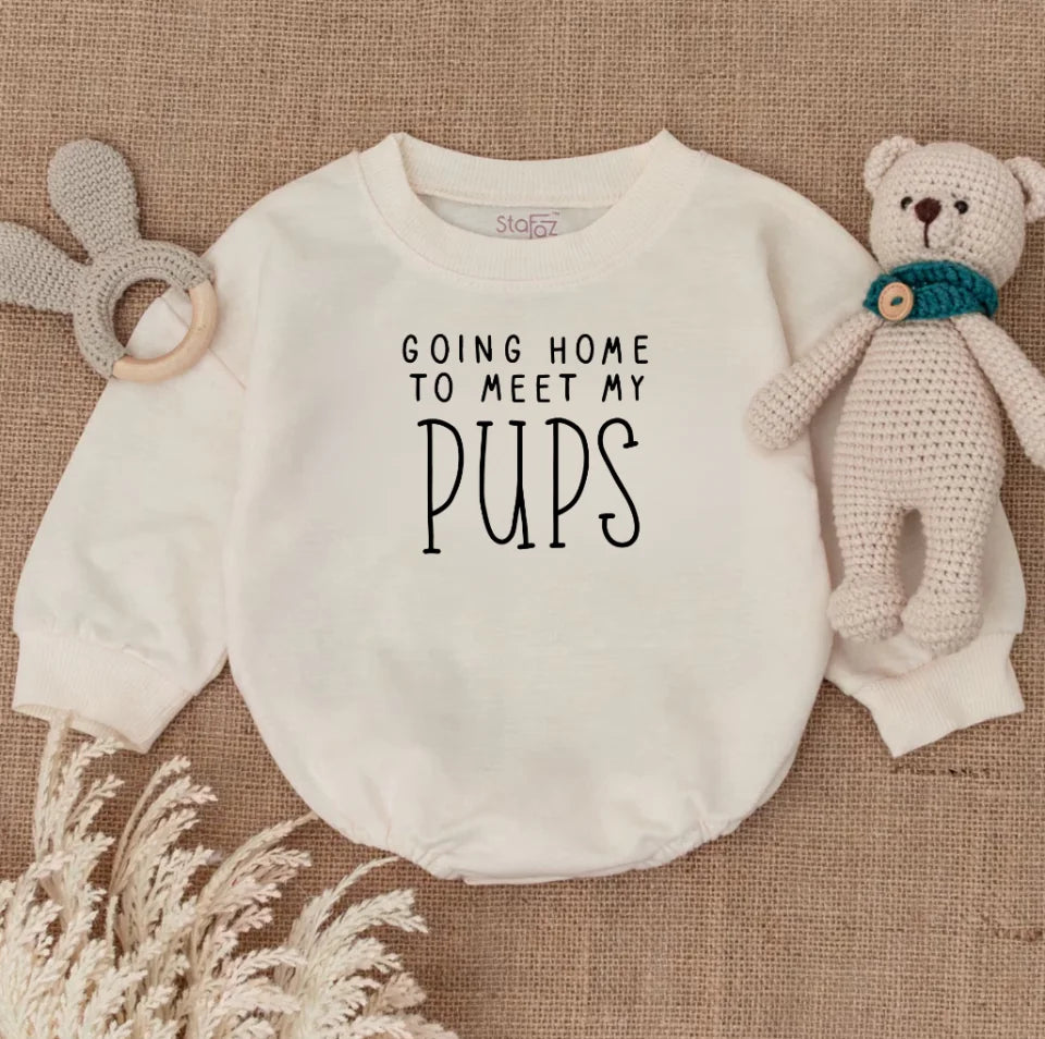 Going Home to Meet My Pups Baby Bodysuit, New Best Friend Baby Romper, Personalized Dog Name Baby Romper, Dog Name Romper BR70