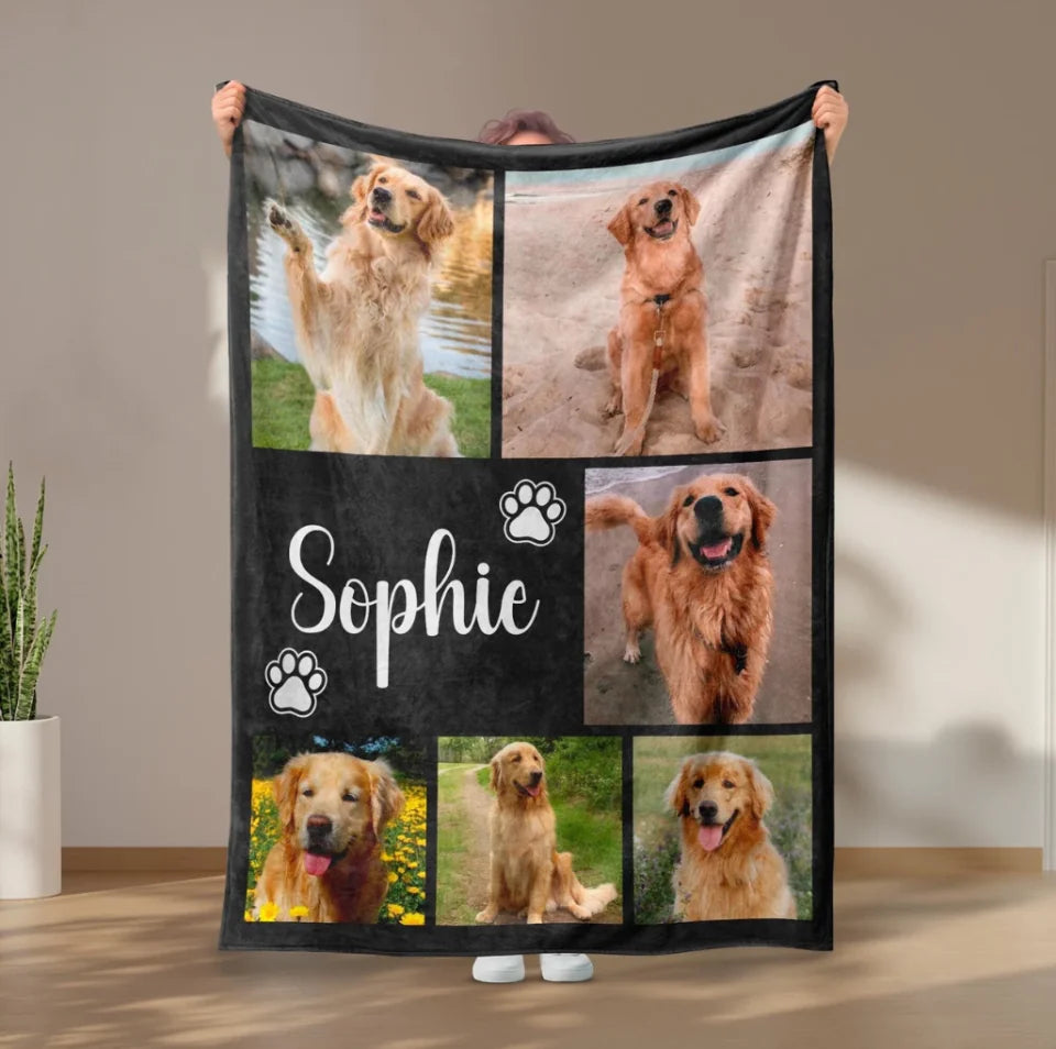 Dog Cat Picture Bedding Blanket With Text, Customized Name Photo Blanket Collage, Memorial Pet Face Loss Keepsake Gift BL88