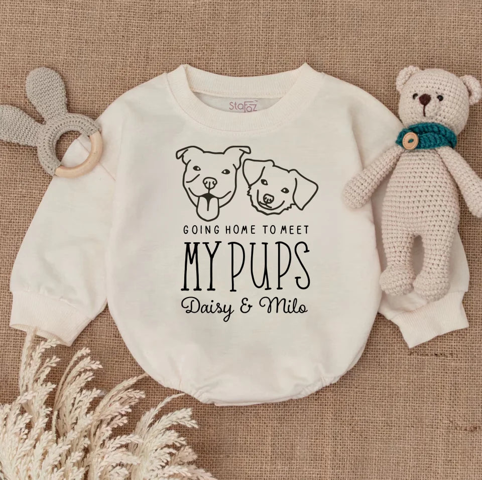 Going Home to Meet My Pups Baby Bodysuit, New Best Friend Baby Romper, Personalized Dog Name Baby Romper, Dog Name Romper BR70TR75