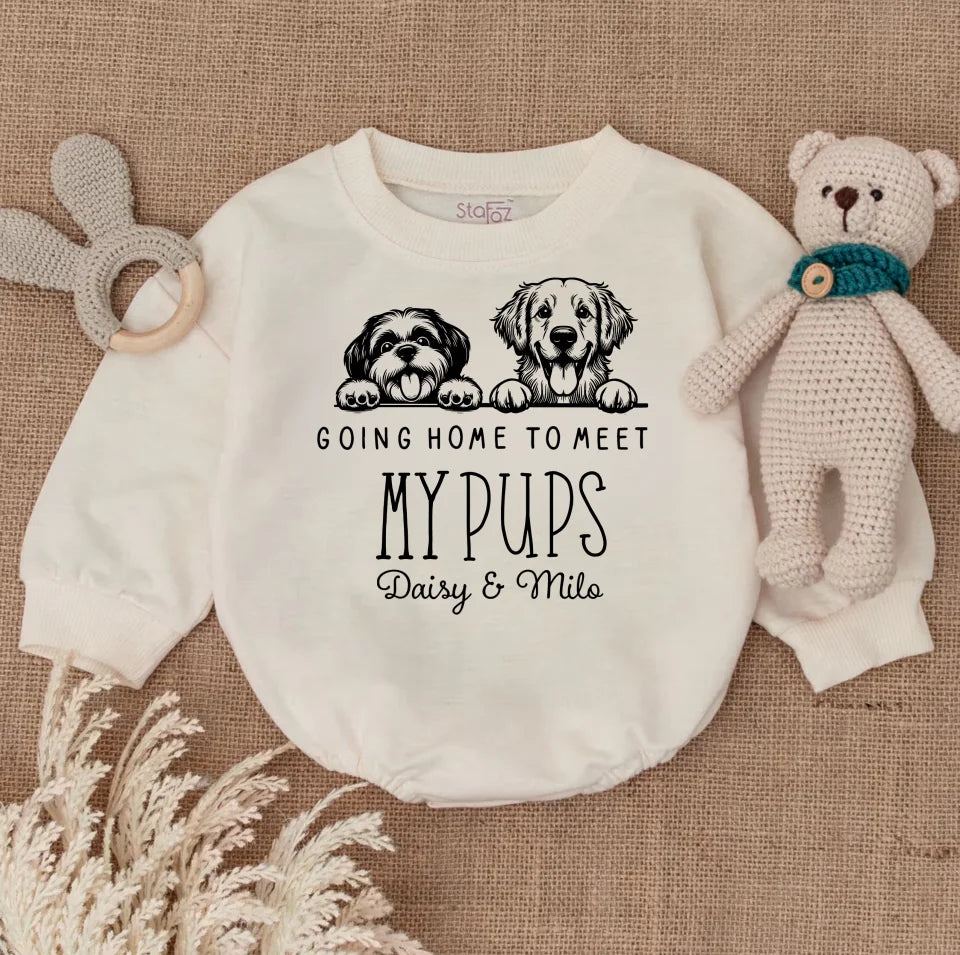 Going Home to Meet My Pups Baby Bodysuit, New Best Friend Baby Romper, Personalized Dog Name Baby Romper, Dog Name Romper BR70TR72