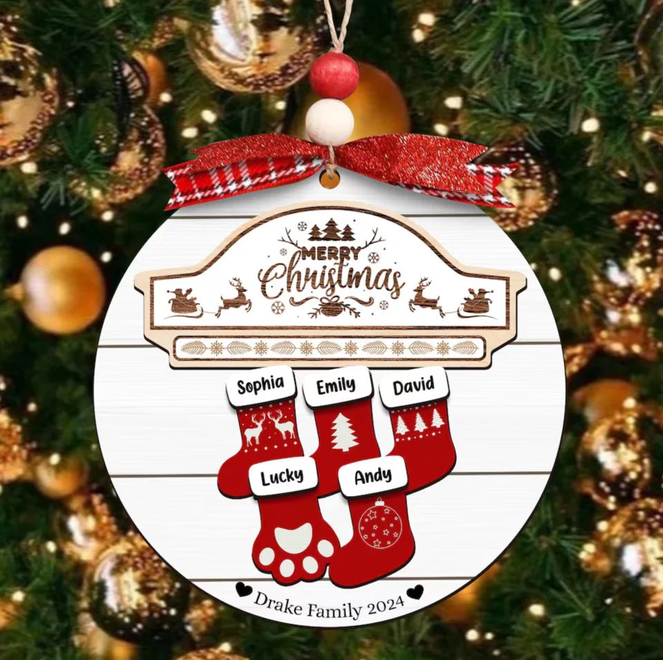 Personalized Custom Family Stocking Christmas Ornaments, 3D Wooden Family Ornament With Pets, Gift For Christmas Family, Family With Dog Cat ON02