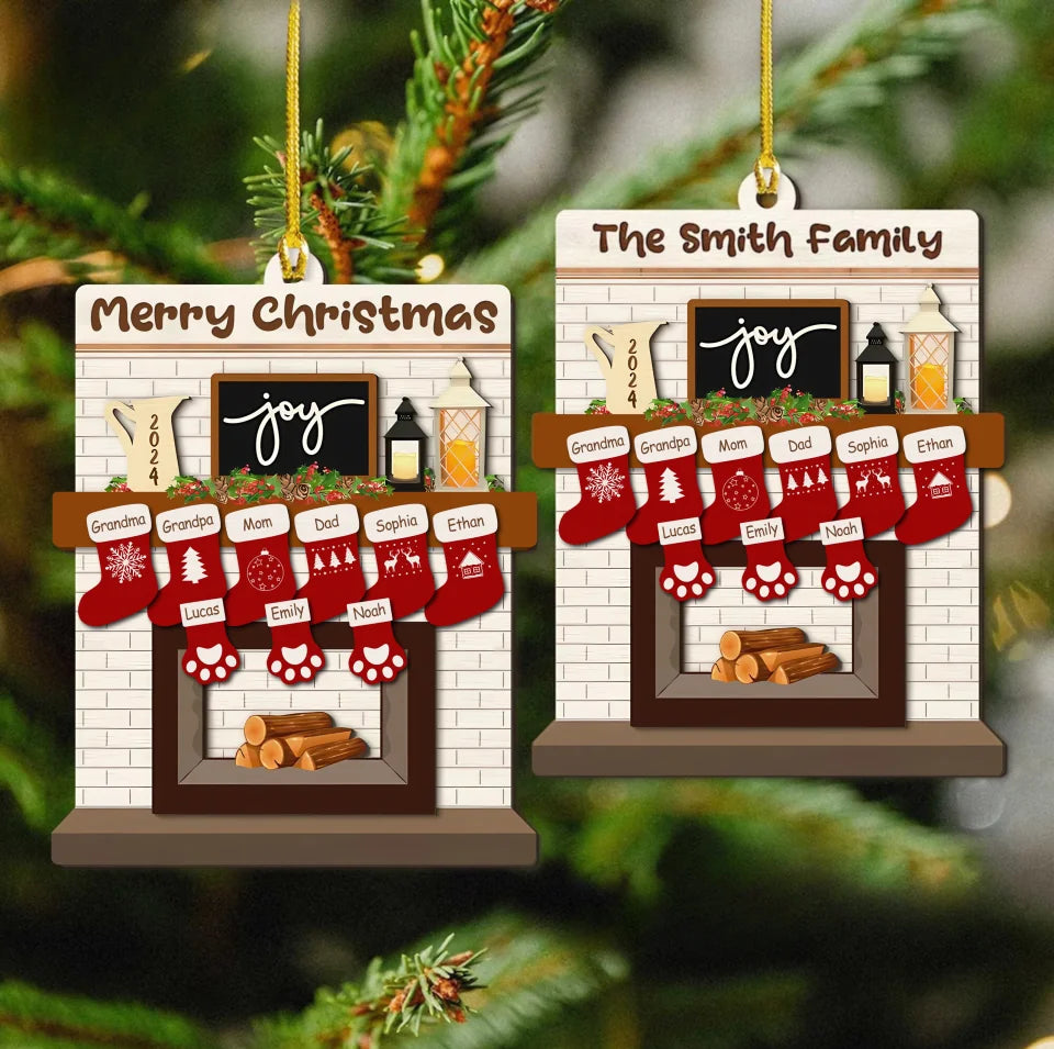 Custom Pet Family Christmas Ornaments, 3D Wooden Family Ornament With Pets, Gift For Christmas Family And Pets Family With Dog Cat Fireplace ON6786