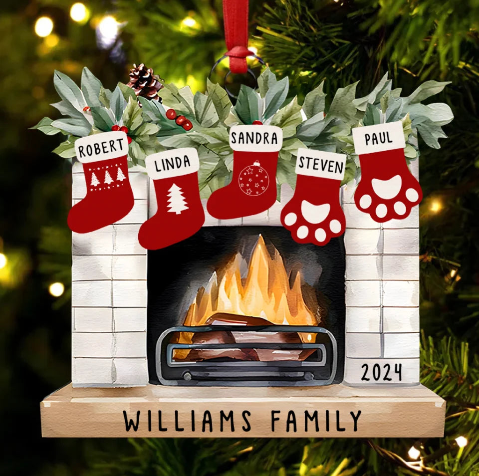 Christmas Ornaments, Personalized Family Christmas Decoration, Family Christmas Stocking Ornament, Stockings on Fireplace, Christmas Gift ON0986