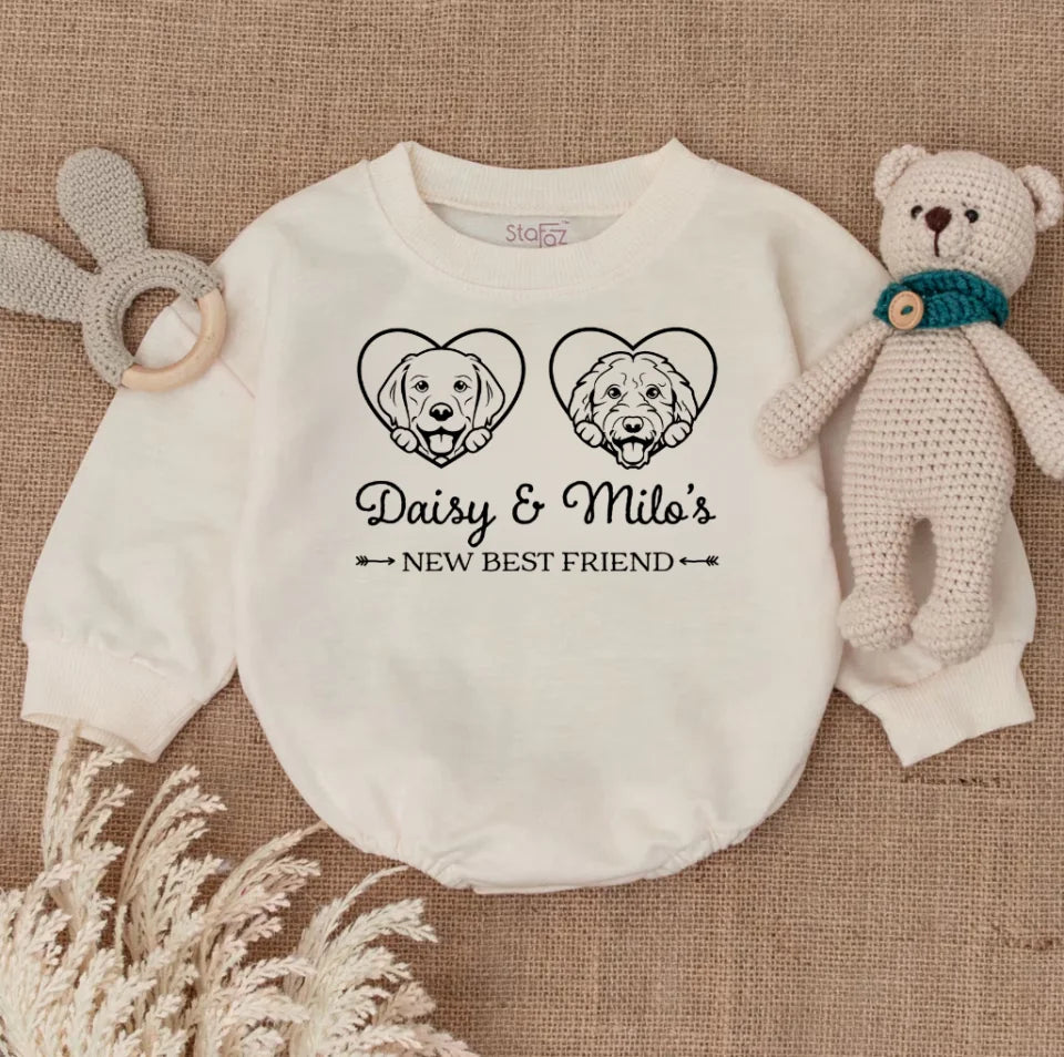 New Best Friend Bubble Romper, Custom Baby Bodysuit, Baby Shower Gift, Cute Kid Gift, Personalized Dog Name Dog Lover Gift BR7249HEART