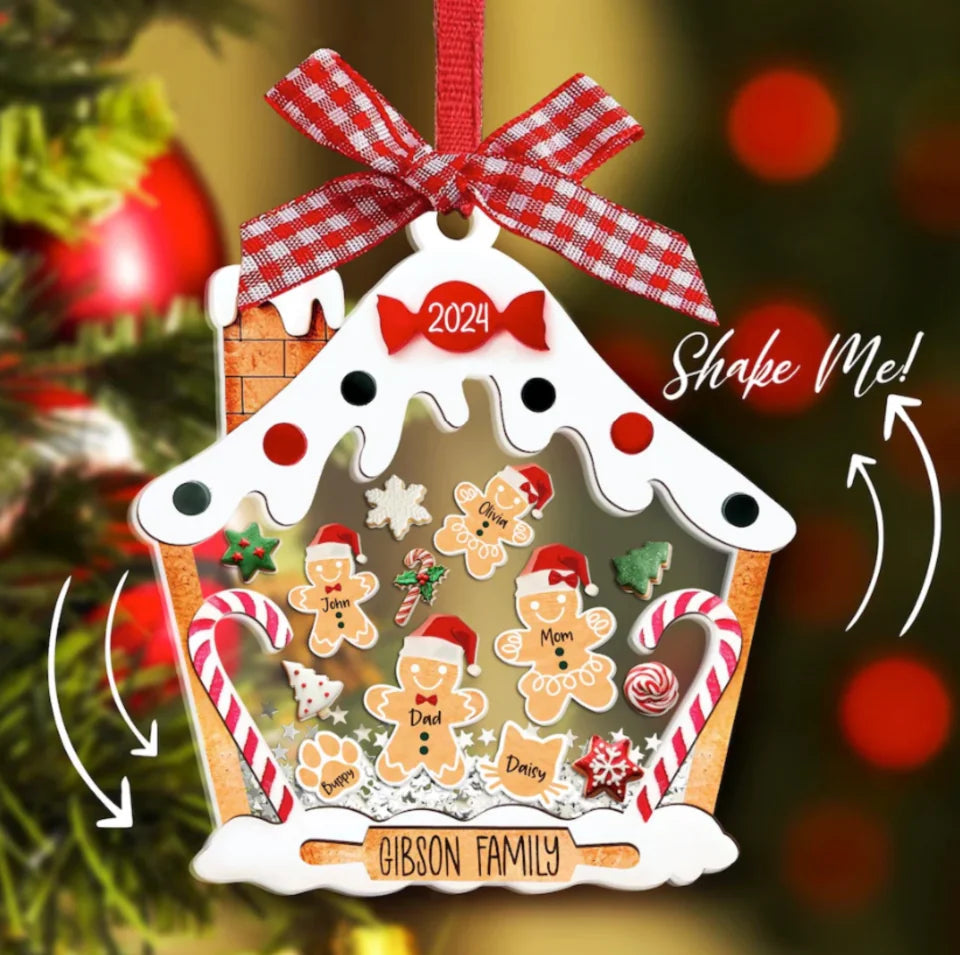 Personalized Gingerbread House Family Ornament With Pets, Custom Family Ornament 2024, Family Christmas ornament, 4D Shake Family Ornament ONAR22