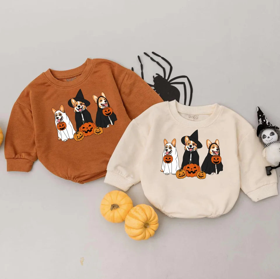 Ghost And Witch Corgi Dog Halloween Baby Onesie, Ghost Corgi Dog Bubble Romper, Retro Halloween Baby Romper BRHL32