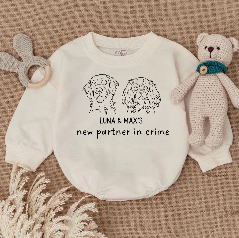 New Partner In Crime Babybodysuit, Protected By Dog Bubble Romper, Personalized Dog Name Baby Romper, Newborn Baby Gift BR72UL22