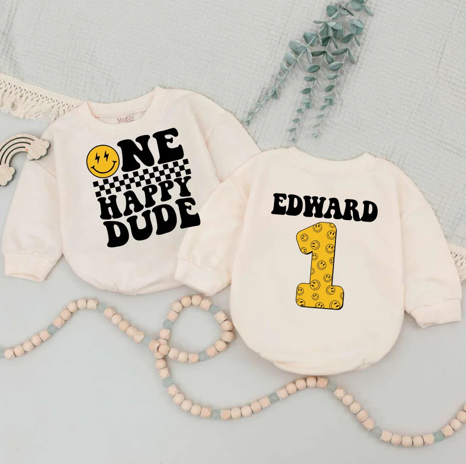 Personalized One Happy Dude Romper, One Cool Dude, Smiley Face Bodysuit, Matching Family Birthday, First Birthday Outfit, Cake Smash Outfit BRFA01