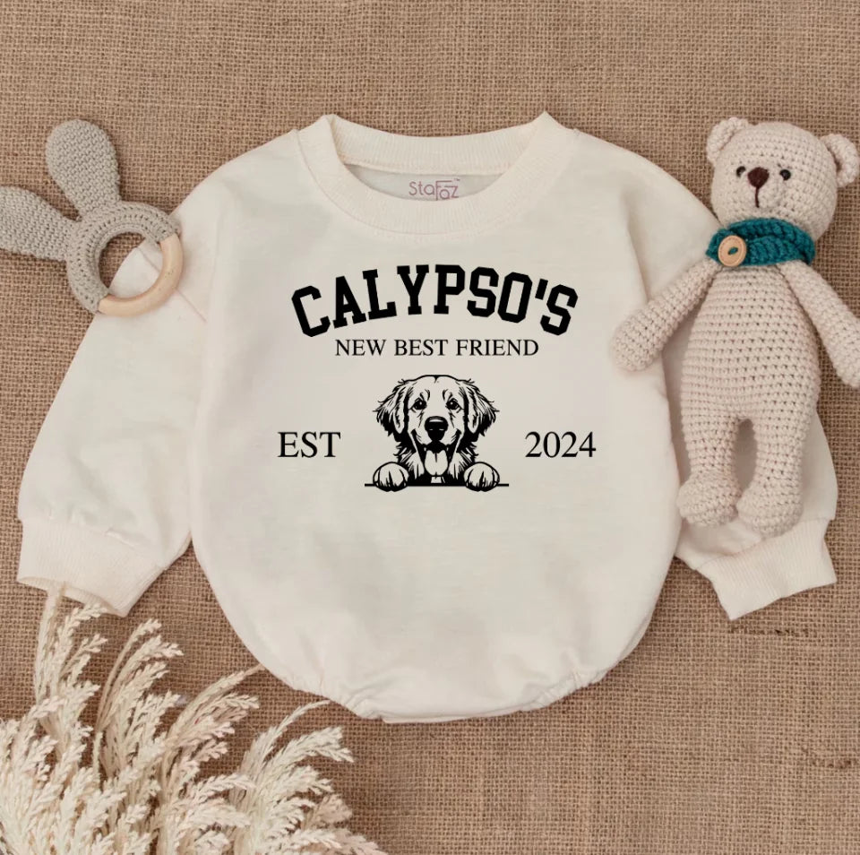 Custom Dogs New Best Friend Baby Romper, Personalized New Best Friend Baby Romper, Dog Name Baby Romper, Dog Best Friend Baby Body Suit BR0672