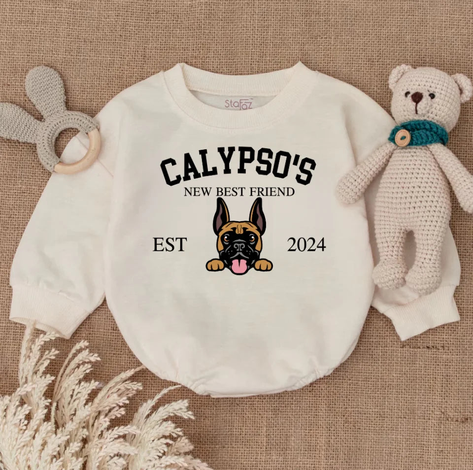 Custom Dogs New Best Friend Baby Romper, Personalized New Best Friend Baby Romper, Dog Name Baby Romper, Dog Best Friend Baby Body Suit BR0643