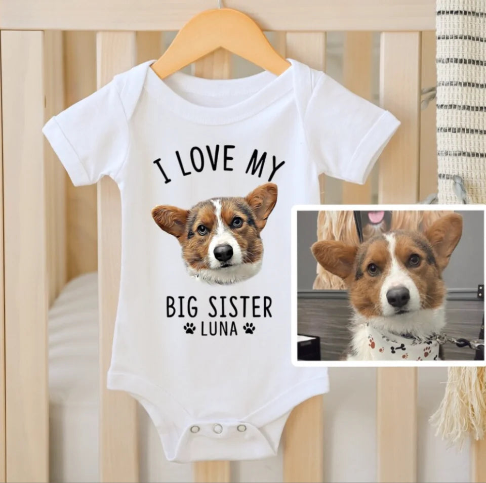 Custom Digital Pet Portrait Baby s, Custom Dog Baby , Unique Baby Shower Gift, protected by, Cat, Unisex, I Love My Big Sister, Onesie® OS27TH