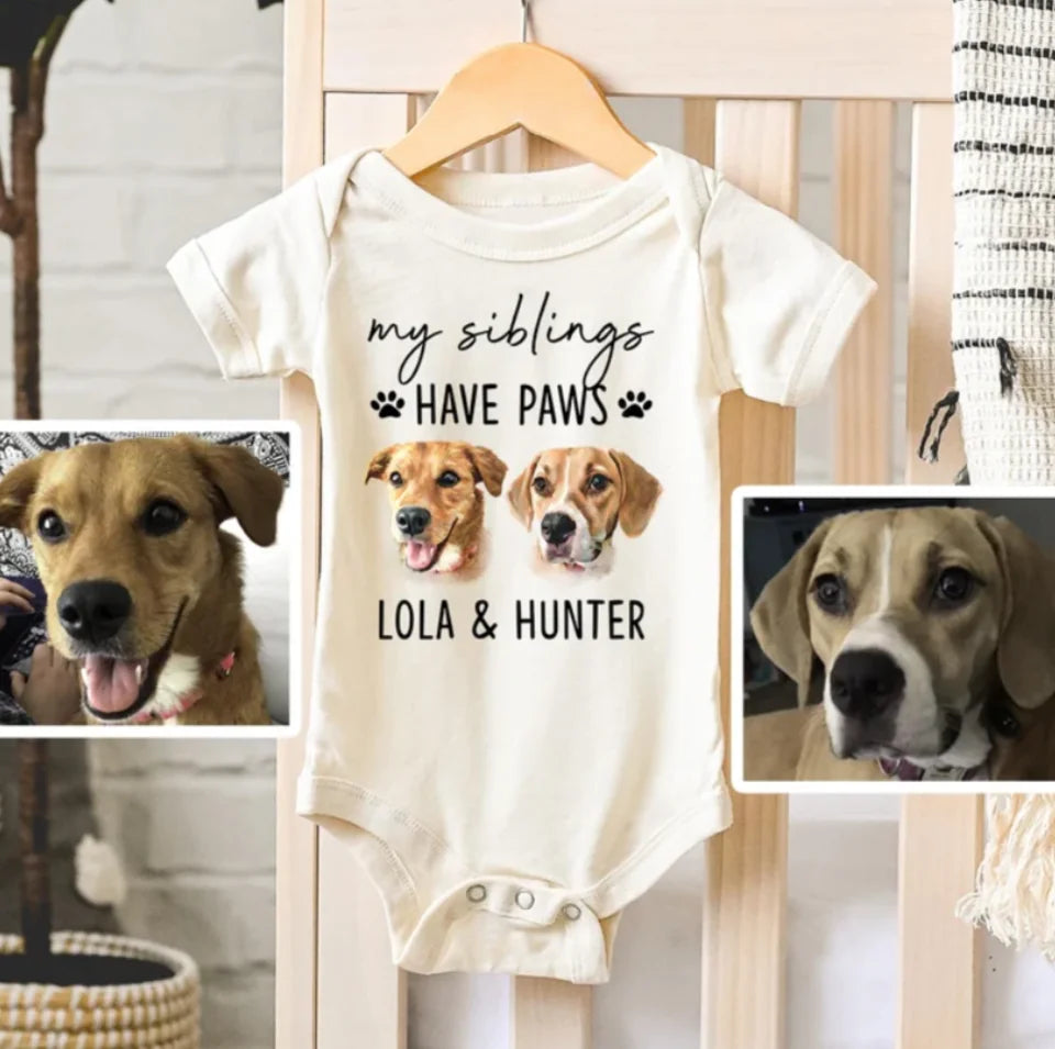 Custom Digital Dogs and Cats, Personalized Baby Shower, Baby Girl, Baby Boy Bodysuit, Unique Baby Gift, My Siblings Have Paws Baby Onesie® OS82TH