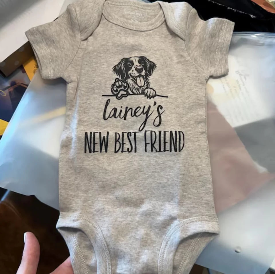 New Best Friend Custom Baby Bodysuit, Baby Shower Gift, New Best Friend Onesie, Kid Gift, Personalized Dog Name, Newborn Gift for Pet Lover OS2525