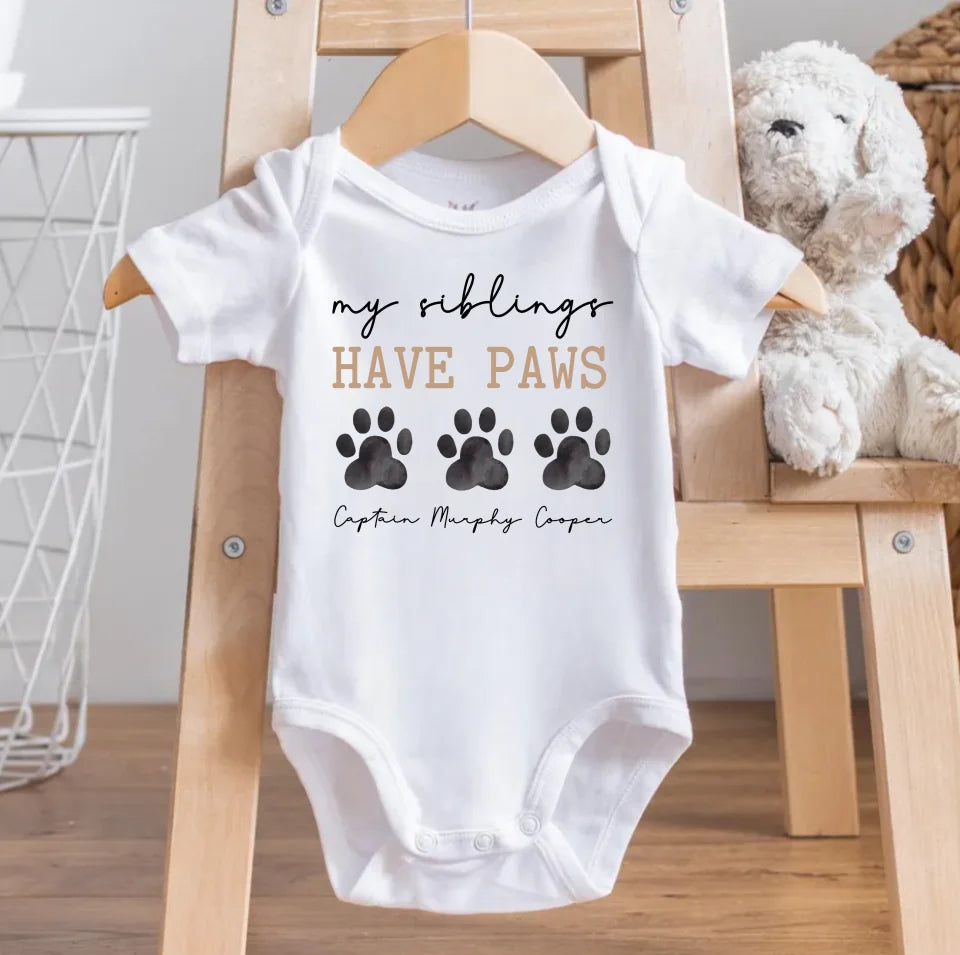 My Siblings Have Paws Baby Bodysuit, Personalized Dog Onesie, Custom Dog Onesie, Sibling Dog Baby Bodysuit, Baby Shower Gift OS91PAWS