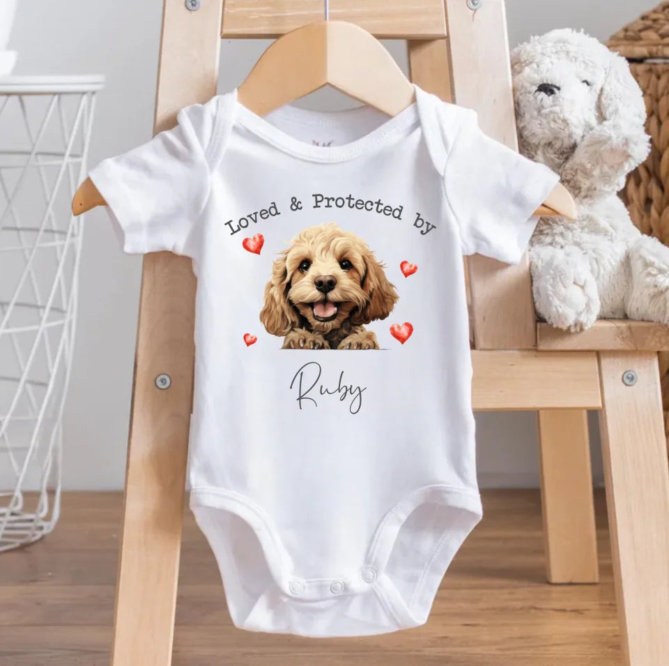 Loved and Protected By Dogs Baby Onesie | Sleepsuit New Baby Gift Dog Owner Baby Gift Baby Shower Gift 200 Breeds OS97TH