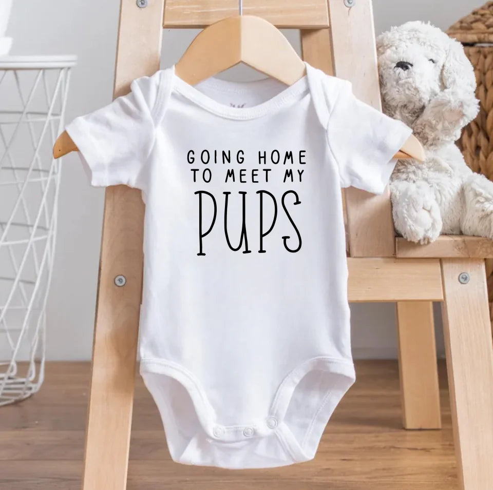 Going Home to Meet My Pups Baby Bodysuit, New Best Friend Baby Onesie, Personalized Dog Name Baby Onesie, Dog Name Onesie OS70