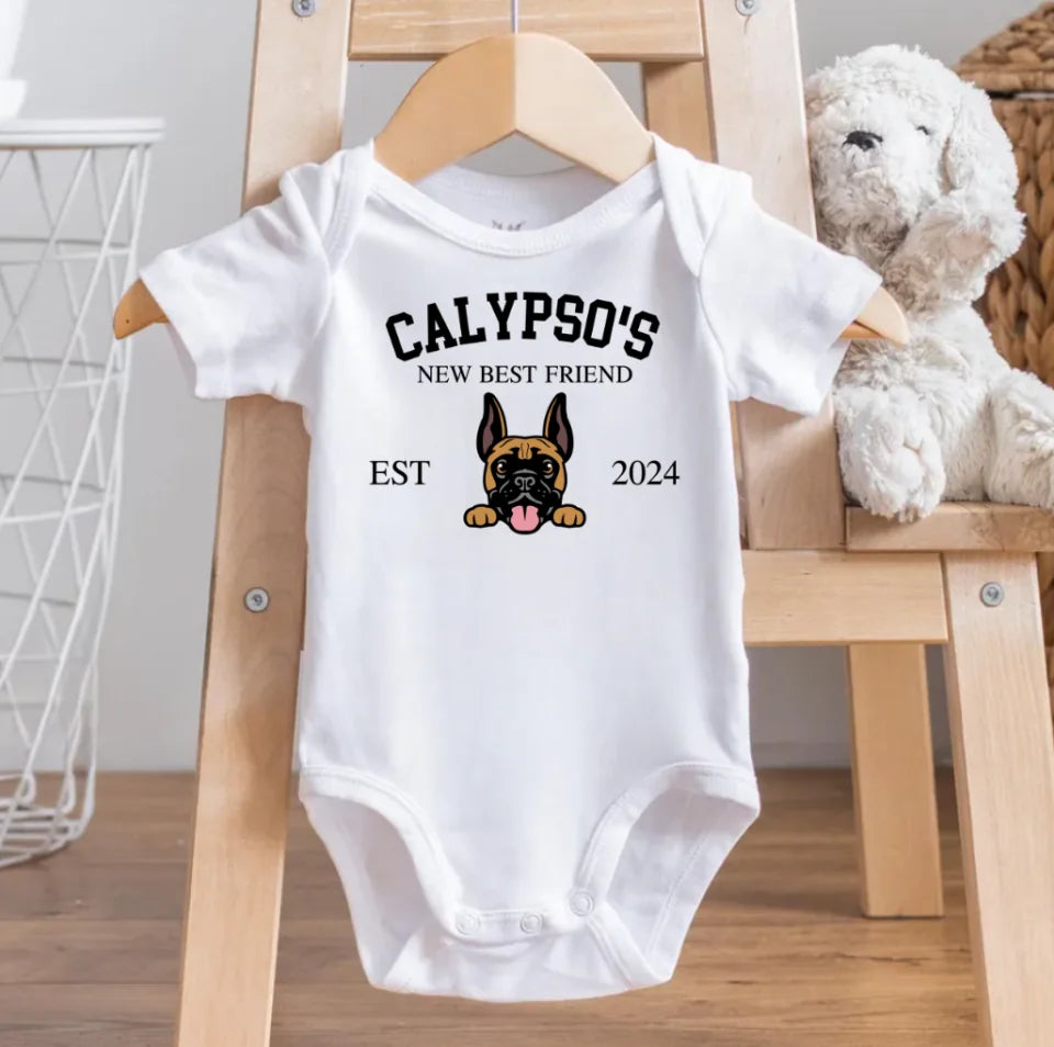 Custom Dogs New Best Friend Baby Bodysuit, Personalized New Best Friend Baby Onesie, Dog Name Baby Onesie, Dog Best Friend Baby BodySuit OS0643