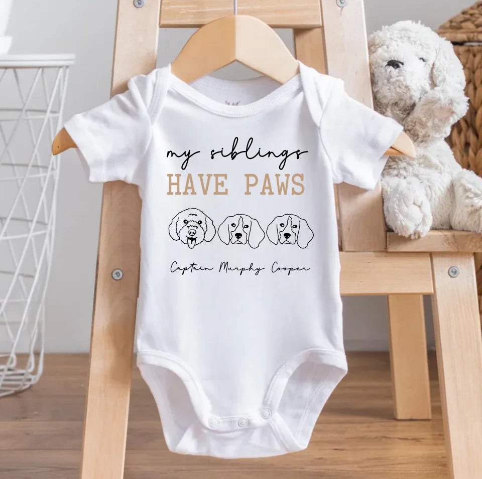 My Siblings Have Paws Baby Bodysuit, Personalized Dog Onesie, Custom Dog Onesie, Sibling Dog Baby Bodysuit, Baby Shower Gift OS9175