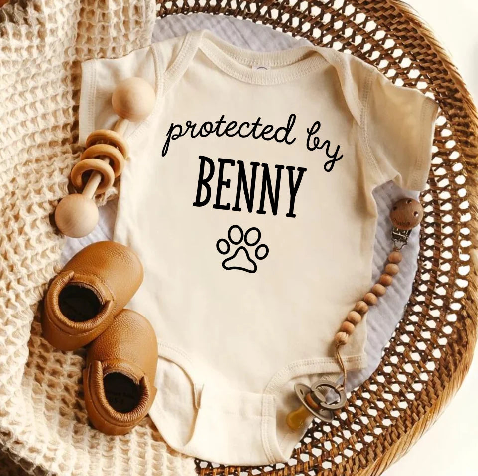 Protected By Dog Baby Onesie® Personalized Gifts Newborn, Pregnancy Announcement, Embroidered Natural Onesie®, Hospital Outfit OS77TE