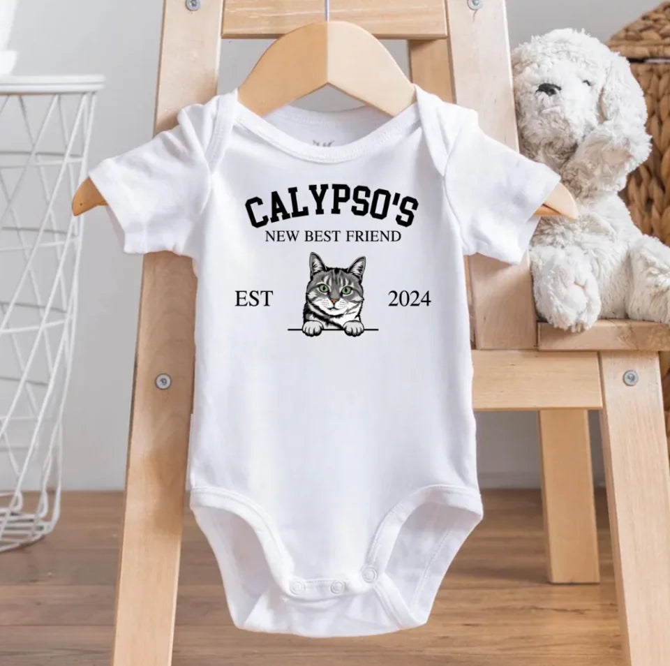 Custom Cats New Best Friend Baby Onesie, Personalized New Best Friend Baby Onesie, Cat Name Baby Onesie, Cat Best Friend Baby Bodysuit OS0668