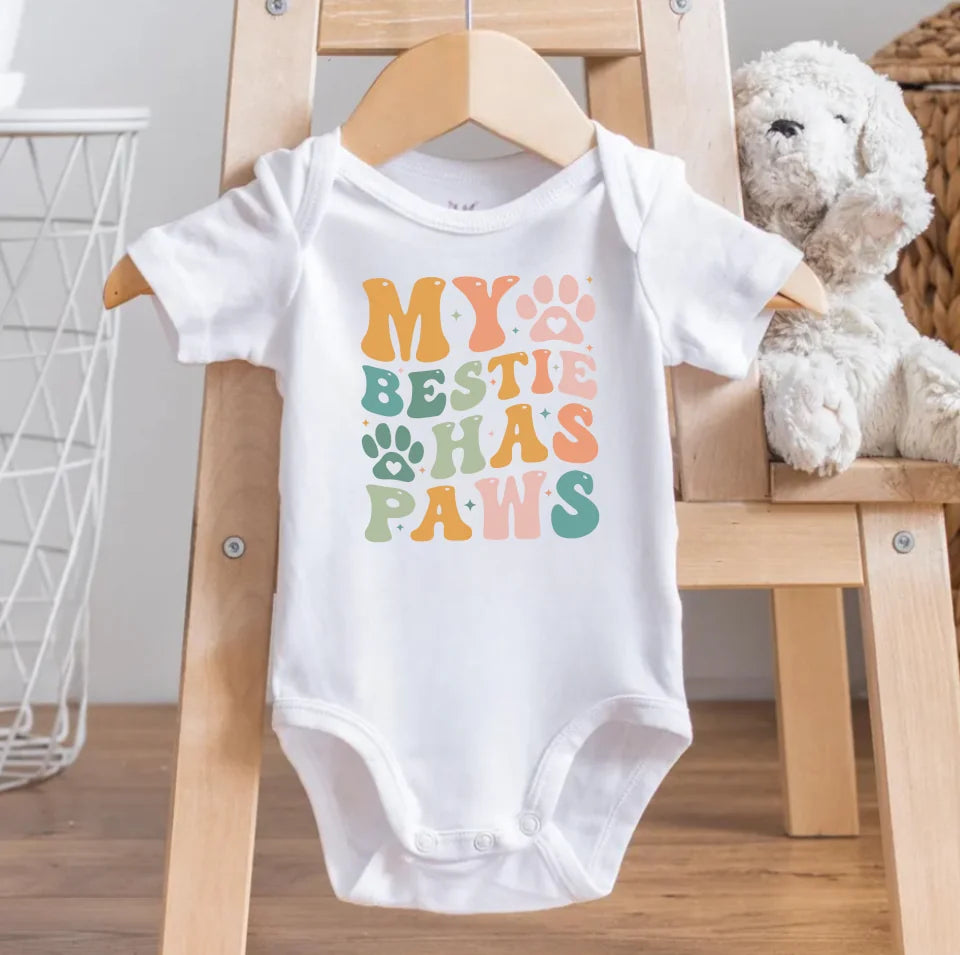 My Bestie Has Paws Baby Bodysuit, Pet Lover Baby Onesie, Retro Pet Bestie Onesie, Dog Bestie Baby Onesie, Best Friend Has Paws Gift OS83