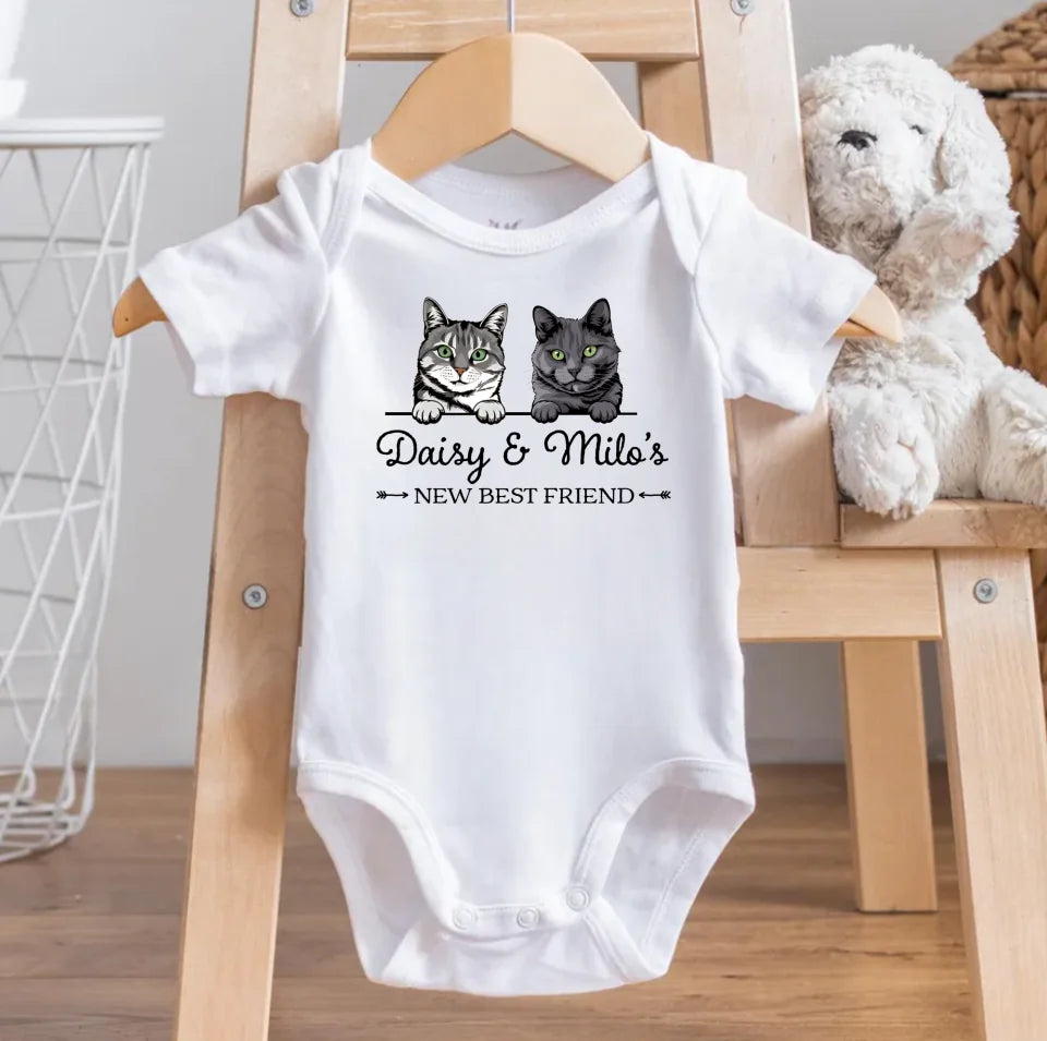 New Best Friend Onesie, Custom Baby Bodysuit, Baby Shower Gift, Cute Kid Gift, Personalized Cat Name Cat Lover Gift OSCAT7268