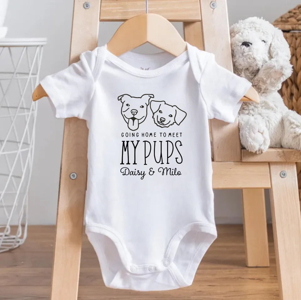 Going Home to Meet My Pups Baby Bodysuit, New Best Friend Baby Onesie, Personalized Dog Name Baby Onesie, Dog Name Baby Bodysuit OS70TR75