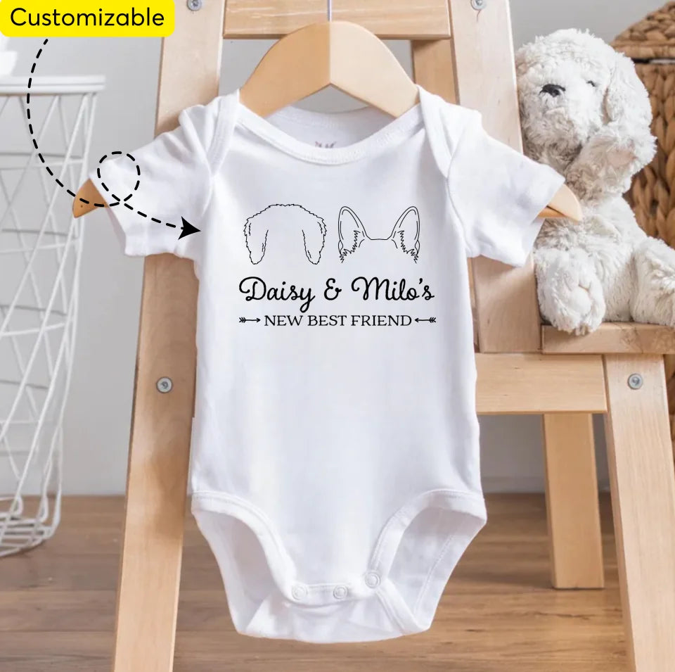 New Best Friend Baby Onesie, Personalized Bodysuit with Dog Ears, Adorable Baby Shower Gift for Dog Lovers! OS72T47