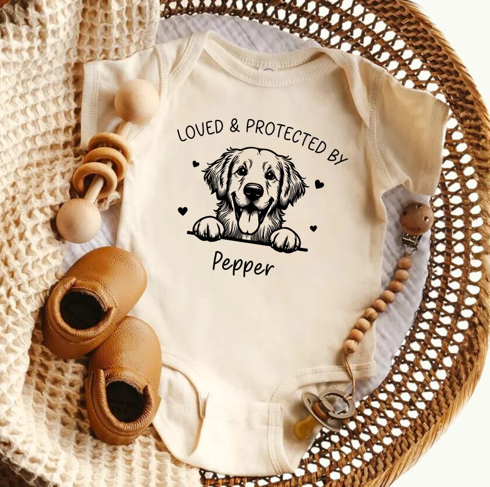 Personalised Protected By Dogs Babygrow, Protected By Dog Baby Vest, New Baby Gift, Dog Owner Baby Gift, Baby Sleepsuit Protected By Dog OS0472